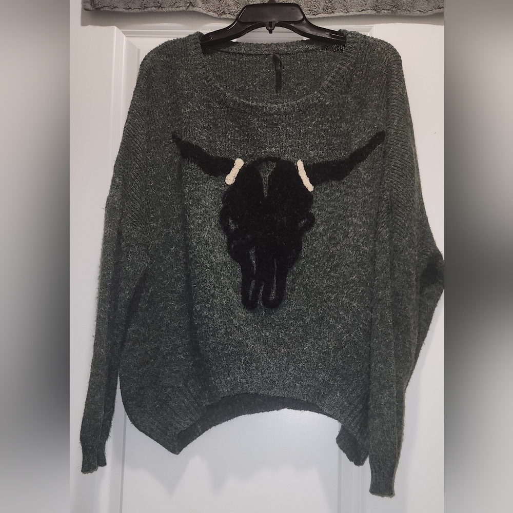 Charcoal Gray Sweater with Black Bull Design